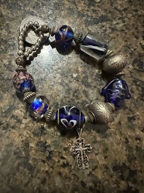 Danworth Blue Glass Bead Bracelet with Silver Cross Charm